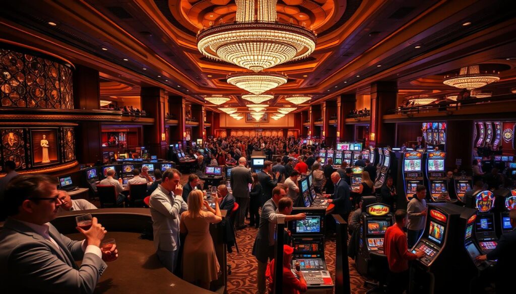 A bustling casino floor, the stark contrast between VIP lounge and mass customer areas. Foreground: Affluent patrons in the VIP lounge, sipping on drinks, immersed in high-stakes games. Middle: General crowd navigating the gaming tables and slot machines, a sea of faces reflecting differing levels of engagement. Background: Ornate chandeliers, glittering décor, and a palpable energy of anticipation. Dramatic lighting casts long shadows, heightening the sense of exclusivity. A wide-angle lens captures the grand scale of the space, emphasizing the divide between the privileged and the masses. The overall mood is one of opulence, privilege, and the pursuit of luxury experiences.