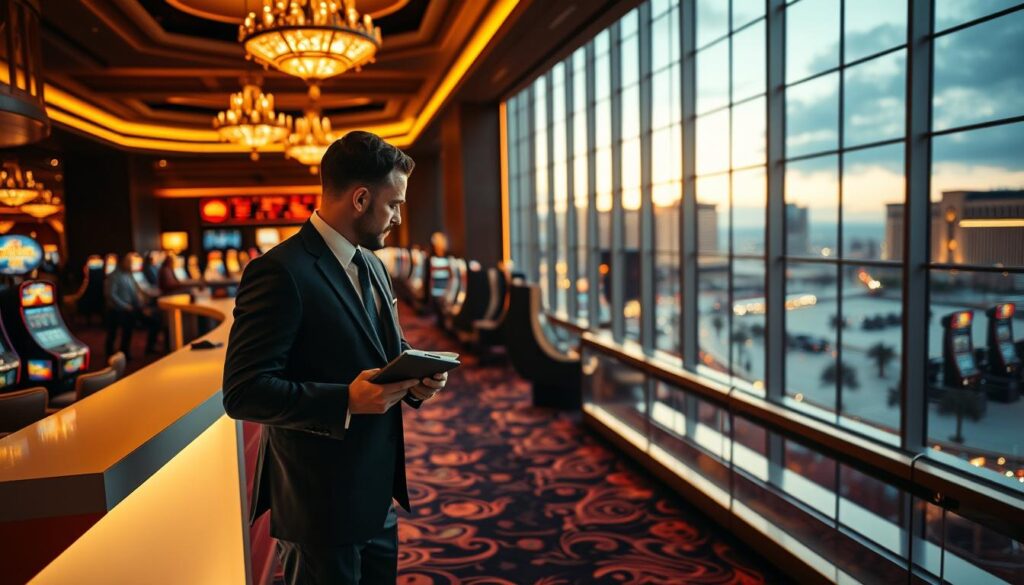 A casino-themed scene with a focus on a loyalty program analysis. In the foreground, a well-dressed customer stands at a sleek, modern casino counter, examining a tablet displaying detailed loyalty program statistics and analytics. The middle ground features a dimly lit, luxurious casino interior with opulent chandeliers, plush carpeting, and the faint sounds of slot machines and card games. In the background, a panoramic view of the Las Vegas Strip or the Atlantic City boardwalk is visible through large, floor-to-ceiling windows, creating a sense of scale and grandeur. The lighting is warm and atmospheric, with a mix of natural and artificial illumination. The overall mood is one of sophistication, data-driven decision making, and the high-stakes world of casino operations. A casino-themed scene with a focus on a loyalty program analysis. In the foreground, a well-dressed customer stands at a sleek, modern casino counter, examining a tablet displaying detailed loyalty program statistics and analytics. The middle ground features a dimly lit, luxurious casino interior with opulent chandeliers, plush carpeting, and the faint sounds of slot machines and card games. In the background, a panoramic view of the Las Vegas Strip or the Atlantic City boardwalk is visible through large, floor-to-ceiling windows, creating a sense of scale and grandeur. The lighting is warm and atmospheric, with a mix of natural and artificial illumination. The overall mood is one of sophistication, data-driven decision making, and the high-stakes world of casino operations.