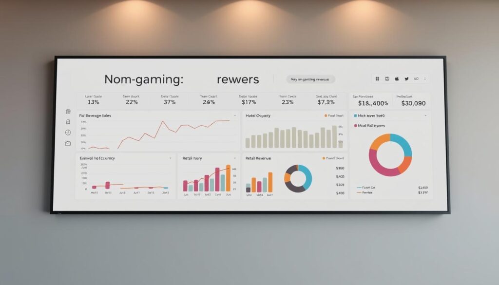 A contemporary data visualization dashboard showcasing non-gaming revenue metrics. The dashboard is presented on a large, high-resolution display with a sleek, minimalist design. The background is a soft, muted grey, allowing the information to take center stage. The key performance indicators, such as food and beverage sales, hotel occupancy, and retail revenue, are displayed in a clear and organized manner, using a combination of line graphs, bar charts, and pie charts. The color palette is refined, with muted tones that create a sense of sophistication and professionalism. The overall composition is balanced, with a focus on the data and its clear communication. Subtle lighting from above casts a warm glow, adding depth and dimension to the scene. A contemporary data visualization dashboard showcasing non-gaming revenue metrics. The dashboard is presented on a large, high-resolution display with a sleek, minimalist design. The background is a soft, muted grey, allowing the information to take center stage. The key performance indicators, such as food and beverage sales, hotel occupancy, and retail revenue, are displayed in a clear and organized manner, using a combination of line graphs, bar charts, and pie charts. The color palette is refined, with muted tones that create a sense of sophistication and professionalism. The overall composition is balanced, with a focus on the data and its clear communication. Subtle lighting from above casts a warm glow, adding depth and dimension to the scene.