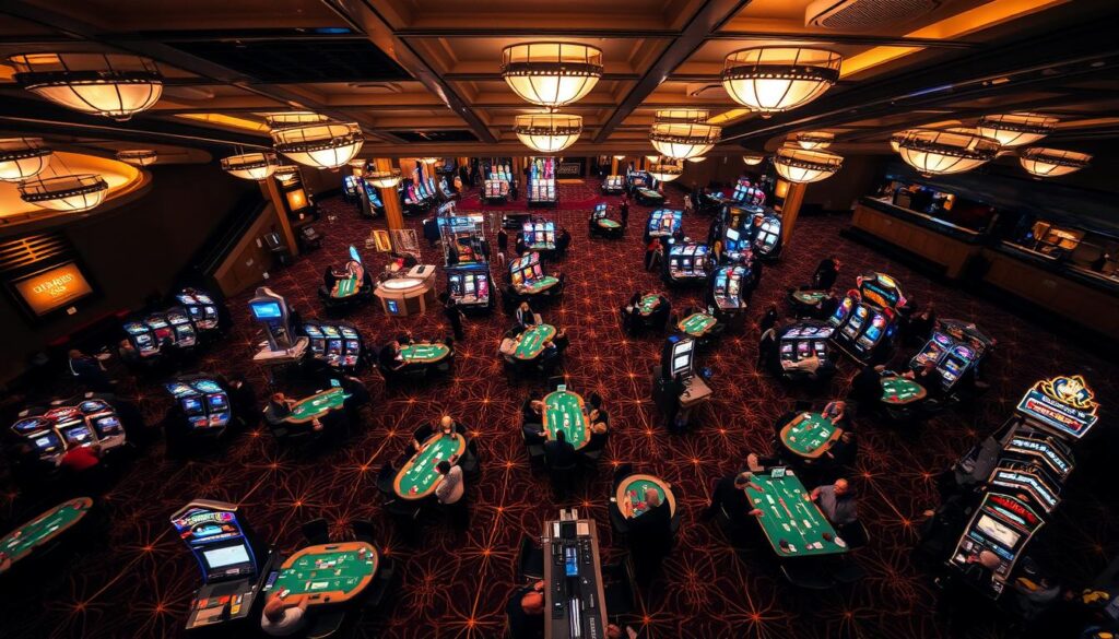 A dimly lit casino floor, illuminated by the warm glow of slot machines and table games. The scene is captured from a high angle, providing a bird's-eye view of the bustling activity below. The tables are meticulously arranged, with dealers expertly managing the flow of chips and cards. Patrons are engaged in intense games of chance, their expressions a mix of concentration and excitement. The carpeting features a bold, geometric pattern that ties the entire space together. Overhead, a grid of suspended lighting fixtures casts a soft, ambient light, creating an atmosphere of sophistication and anticipation. The depth of field is shallow, drawing the viewer's attention to the strategic positioning of the gaming elements. A dimly lit casino floor, illuminated by the warm glow of slot machines and table games. The scene is captured from a high angle, providing a bird's-eye view of the bustling activity below. The tables are meticulously arranged, with dealers expertly managing the flow of chips and cards. Patrons are engaged in intense games of chance, their expressions a mix of concentration and excitement. The carpeting features a bold, geometric pattern that ties the entire space together. Overhead, a grid of suspended lighting fixtures casts a soft, ambient light, creating an atmosphere of sophistication and anticipation. The depth of field is shallow, drawing the viewer's attention to the strategic positioning of the gaming elements.