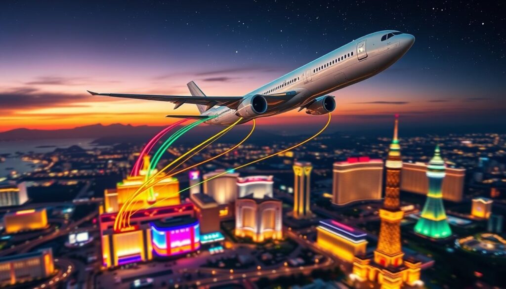 A dynamic aerial view showcasing international airlift routes connecting major casino tourism hotspots like Las Vegas and Macau. In the foreground, a sleek, modern airplane is flying above a world map, with colorful flight paths emerging towards iconic landmarks, such as the Las Vegas Strip and Macau Tower. The middle ground features vibrant representations of casino hotels, illuminated at night, with a blend of neon lights highlighting their energy. The background showcases a sunset sky, with hues of orange and purple fading into a starry night. The atmosphere is bustling and vibrant, illustrating the excitement of international travel. Include the lens effect that gives depth, emphasizing the routes as they converge towards these popular destinations, conveying a sense of adventure and opportunity in the world of casino tourism.