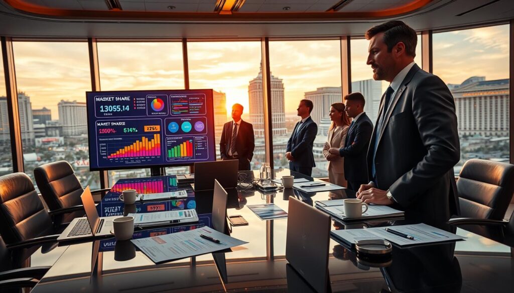 A dynamic scene set in a modern casino boardroom, showcasing a diverse group of professional executives analyzing market share strategies. In the foreground, a focused middle-aged man in a tailored suit stands beside a large screen displaying vibrant graphs and charts related to pricing, promotions, and yield management. The middle ground features a glossy conference table strewn with market analysis reports, sleek laptops, and coffee cups. In the background, large windows reveal a shimmering Las Vegas Strip at sunset, casting warm light into the room. The atmosphere is intense yet collaborative, with a sense of urgency and determination. Soft overhead lighting enhances the professional ambiance, while a wide-angle perspective captures the grandeur of the setting, emphasizing the importance of strategic decision-making in the competitive casino landscape. A dynamic scene set in a modern casino boardroom, showcasing a diverse group of professional executives analyzing market share strategies. In the foreground, a focused middle-aged man in a tailored suit stands beside a large screen displaying vibrant graphs and charts related to pricing, promotions, and yield management. The middle ground features a glossy conference table strewn with market analysis reports, sleek laptops, and coffee cups. In the background, large windows reveal a shimmering Las Vegas Strip at sunset, casting warm light into the room. The atmosphere is intense yet collaborative, with a sense of urgency and determination. Soft overhead lighting enhances the professional ambiance, while a wide-angle perspective captures the grandeur of the setting, emphasizing the importance of strategic decision-making in the competitive casino landscape.