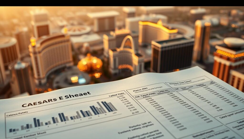 A high-angle, wide-angle shot of an intricate financial statement for Caesars Entertainment, its balance sheet and debt structure meticulously rendered. The foreground displays a detailed breakdown of Caesars' liabilities, assets, and capital structure, with graphs, charts, and numerical data clearly visible. The middle ground features a bird's-eye view of the Las Vegas Strip, with Caesars Palace and other iconic casino resorts visible in the distance, suggesting the broader market context. The background is a soft, atmospheric blend of warm, golden tones, evoking a sense of financial stability and strategic foresight. Subtle lighting and a shallow depth of field draw the viewer's focus to the central financial analysis. A high-angle, wide-angle shot of an intricate financial statement for Caesars Entertainment, its balance sheet and debt structure meticulously rendered. The foreground displays a detailed breakdown of Caesars' liabilities, assets, and capital structure, with graphs, charts, and numerical data clearly visible. The middle ground features a bird's-eye view of the Las Vegas Strip, with Caesars Palace and other iconic casino resorts visible in the distance, suggesting the broader market context. The background is a soft, atmospheric blend of warm, golden tones, evoking a sense of financial stability and strategic foresight. Subtle lighting and a shallow depth of field draw the viewer's focus to the central financial analysis.