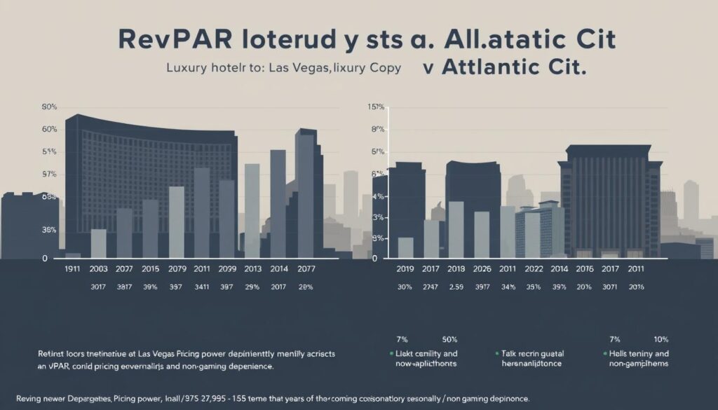 A high-resolution, detailed infographic showcasing the RevPAR (Revenue Per Available Room) comparison between luxury hotels in Las Vegas and Atlantic City. The scene depicts a sleek, minimalist design with a muted color palette, clean typography, and precise data visualization. The foreground features side-by-side bar charts highlighting the RevPAR trends for both destinations, with key metrics and labels. The middle ground shows silhouettes of iconic hotel buildings in each city, casting long shadows across the background. The background features a subtle cityscape panorama, capturing the distinct architectural styles and skylines of Las Vegas and Atlantic City. The overall composition conveys a sense of professional, data-driven analysis, complementing the article's focus on pricing power, seasonality, and non-gaming dependence. A high-resolution, detailed infographic showcasing the RevPAR (Revenue Per Available Room) comparison between luxury hotels in Las Vegas and Atlantic City. The scene depicts a sleek, minimalist design with a muted color palette, clean typography, and precise data visualization. The foreground features side-by-side bar charts highlighting the RevPAR trends for both destinations, with key metrics and labels. The middle ground shows silhouettes of iconic hotel buildings in each city, casting long shadows across the background. The background features a subtle cityscape panorama, capturing the distinct architectural styles and skylines of Las Vegas and Atlantic City. The overall composition conveys a sense of professional, data-driven analysis, complementing the article's focus on pricing power, seasonality, and non-gaming dependence.