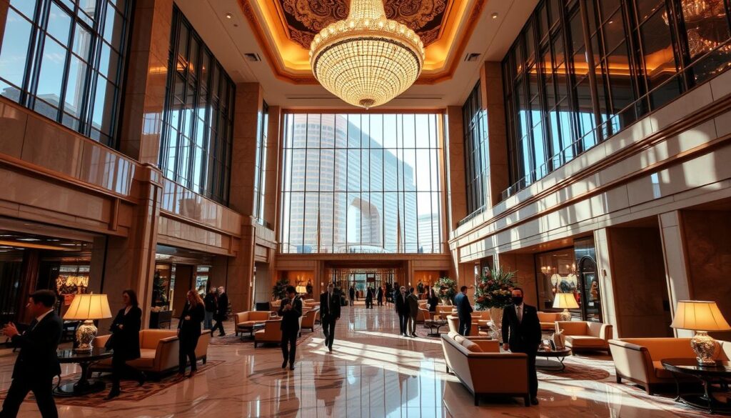 A lavish, high-end hotel lobby showcasing the Wynn Las Vegas' commitment to luxury. The expansive, sun-drenched space features elegant marble flooring, intricately designed chandeliers, and plush seating areas. Tall glass windows provide a glimpse of the resort's opulent exterior, hinting at the premium experience within. The atmosphere exudes an air of exclusivity, with well-dressed guests moving through the meticulously curated environment. Warm, ambient lighting sets the mood, while discreet furnishings and fixtures suggest the hotel's attention to detail and high-end pricing. The scene conveys Wynn's position as a premier, luxury destination, setting it apart from more mainstream Las Vegas hotels. A lavish, high-end hotel lobby showcasing the Wynn Las Vegas' commitment to luxury. The expansive, sun-drenched space features elegant marble flooring, intricately designed chandeliers, and plush seating areas. Tall glass windows provide a glimpse of the resort's opulent exterior, hinting at the premium experience within. The atmosphere exudes an air of exclusivity, with well-dressed guests moving through the meticulously curated environment. Warm, ambient lighting sets the mood, while discreet furnishings and fixtures suggest the hotel's attention to detail and high-end pricing. The scene conveys Wynn's position as a premier, luxury destination, setting it apart from more mainstream Las Vegas hotels.