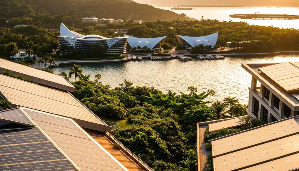 A lush, sustainable paradise overlooking the sparkling waters of Resorts World Sentosa. In the foreground, solar panels gleam atop modern, eco-friendly buildings, their sleek designs seamlessly integrated with the surrounding greenery. In the middle ground, a verdant garden thrives, showcasing the resort's commitment to biodiversity and green initiatives. The background reveals the iconic architecture of Resorts World Sentosa, bathed in warm, golden lighting that creates a serene, inviting atmosphere. The scene conveys a harmonious balance between technology, nature, and sustainable practices, exemplifying the resort's dedication to environmental stewardship and responsible tourism.