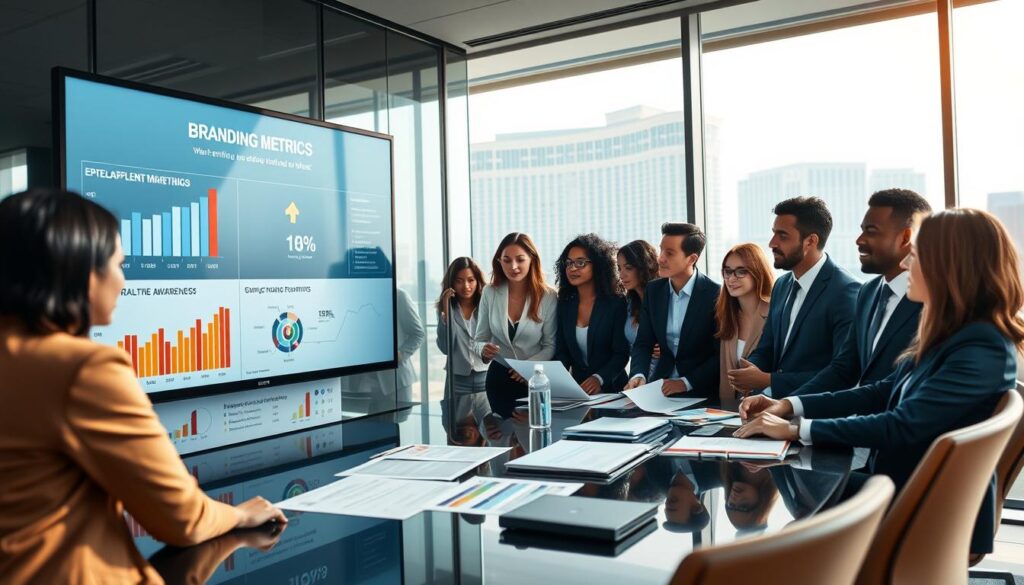 A modern office boardroom scene showcasing a diverse team of professionals in business attire engaged in a collaborative branding strategy session. The foreground features a large digital display presenting visually compelling marketing metrics, highlighting brand awareness data and campaign efficiency. In the middle ground, a mixed group of women and men of various ethnicities brainstorm ideas, surrounded by charts, graphs, and marketing materials. The background reveals floor-to-ceiling windows with a view of Resorts World Las Vegas, embodying the vibrant atmosphere of the bustling city. The lighting is bright and crisp, emphasizing a sense of professionalism and innovation. The angle captures dynamic interactions, creating a mood of collaboration and strategic thinking in a high-energy corporate environment. A modern office boardroom scene showcasing a diverse team of professionals in business attire engaged in a collaborative branding strategy session. The foreground features a large digital display presenting visually compelling marketing metrics, highlighting brand awareness data and campaign efficiency. In the middle ground, a mixed group of women and men of various ethnicities brainstorm ideas, surrounded by charts, graphs, and marketing materials. The background reveals floor-to-ceiling windows with a view of Resorts World Las Vegas, embodying the vibrant atmosphere of the bustling city. The lighting is bright and crisp, emphasizing a sense of professionalism and innovation. The angle captures dynamic interactions, creating a mood of collaboration and strategic thinking in a high-energy corporate environment.