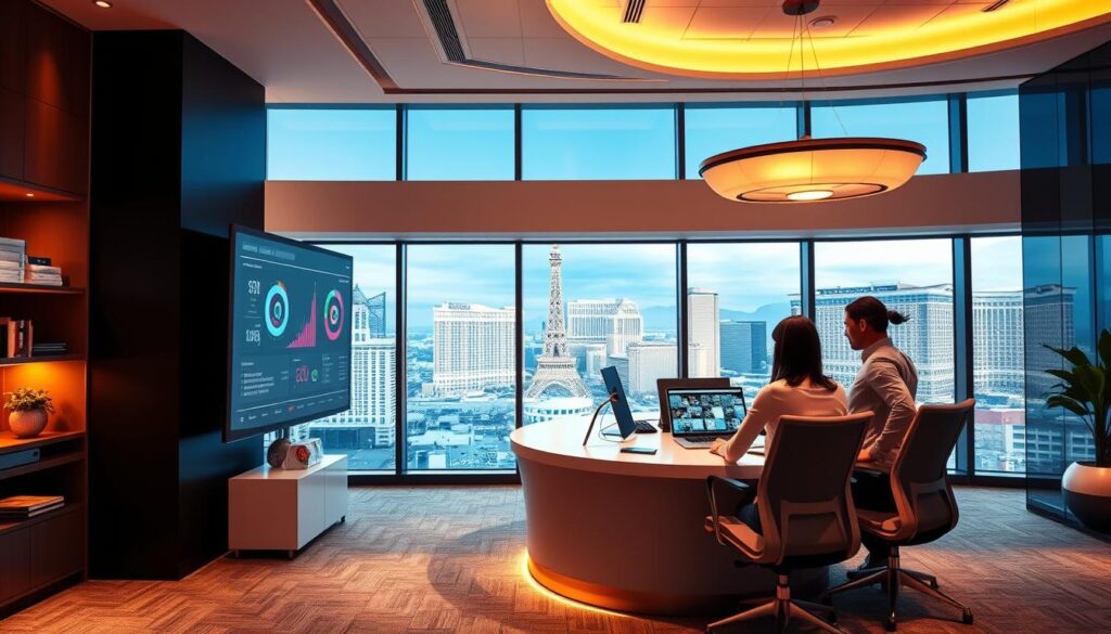 A modern, sleek marketing office with a focus on efficiency and brand awareness. In the foreground, a dynamic data visualization dashboard displays real-time performance metrics and campaign insights on high-resolution screens. The middle ground features a team of marketing professionals collaborating at a curved, minimalist desk, surrounded by branded decor and ambient lighting. In the background, a panoramic window overlooks the iconic skyline of Las Vegas, creating a sense of energy and innovation. The scene conveys a forward-thinking, data-driven approach to marketing strategy, perfectly aligned with the "Resorts World Las Vegas: Ramp Curve, Customer Mix, and Competitive Position" article. A modern, sleek marketing office with a focus on efficiency and brand awareness. In the foreground, a dynamic data visualization dashboard displays real-time performance metrics and campaign insights on high-resolution screens. The middle ground features a team of marketing professionals collaborating at a curved, minimalist desk, surrounded by branded decor and ambient lighting. In the background, a panoramic window overlooks the iconic skyline of Las Vegas, creating a sense of energy and innovation. The scene conveys a forward-thinking, data-driven approach to marketing strategy, perfectly aligned with the "Resorts World Las Vegas: Ramp Curve, Customer Mix, and Competitive Position" article.