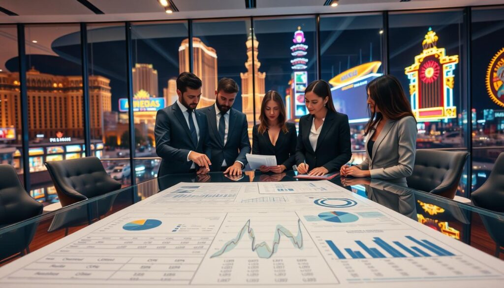 A sleek, modern boardroom setting with a large glass table in the foreground featuring an intricately detailed financial balance sheet spread out, showcasing key figures and data visuals like pie charts and bar graphs. In the middle ground, a group of four diverse business professionals, two men and two women, dressed in professional attire, analyze the balance sheet carefully. One individual points at a specific part of the sheet, while another writes notes. Soft, ambient lighting from overhead fixtures adds a warm but focused glow to the scene. In the background, large windows overlook the vibrant Las Vegas Strip, with iconic casinos and bright neon lights adding a dynamic contrast to the serious financial discussion. The overall mood is one of concentration and strategic planning.