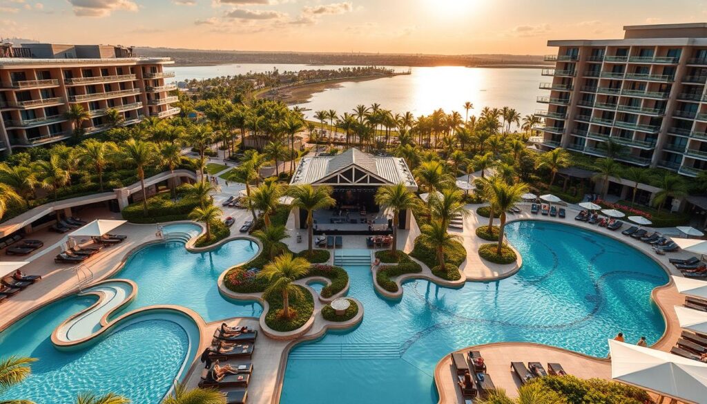 A sprawling luxury resort complex with sleek, modern architecture nestled amid lush tropical foliage. The foreground showcases an expansive poolside oasis, complete with a lazy river, swim-up bar, and plush cabanas. Guests lounge on chaise lounges, sipping cocktails and enjoying the warmth of the sun. The middle ground features an outdoor entertainment pavilion with a stage, where a live band performs against a backdrop of palm trees and a shimmering lake. In the distance, towering glass-and-steel high-rise buildings rise, their balconies offering panoramic views of the resort's impeccably manicured grounds. The scene is bathed in soft, warm lighting, evoking a sense of tranquility and indulgence. A sprawling luxury resort complex with sleek, modern architecture nestled amid lush tropical foliage. The foreground showcases an expansive poolside oasis, complete with a lazy river, swim-up bar, and plush cabanas. Guests lounge on chaise lounges, sipping cocktails and enjoying the warmth of the sun. The middle ground features an outdoor entertainment pavilion with a stage, where a live band performs against a backdrop of palm trees and a shimmering lake. In the distance, towering glass-and-steel high-rise buildings rise, their balconies offering panoramic views of the resort's impeccably manicured grounds. The scene is bathed in soft, warm lighting, evoking a sense of tranquility and indulgence.