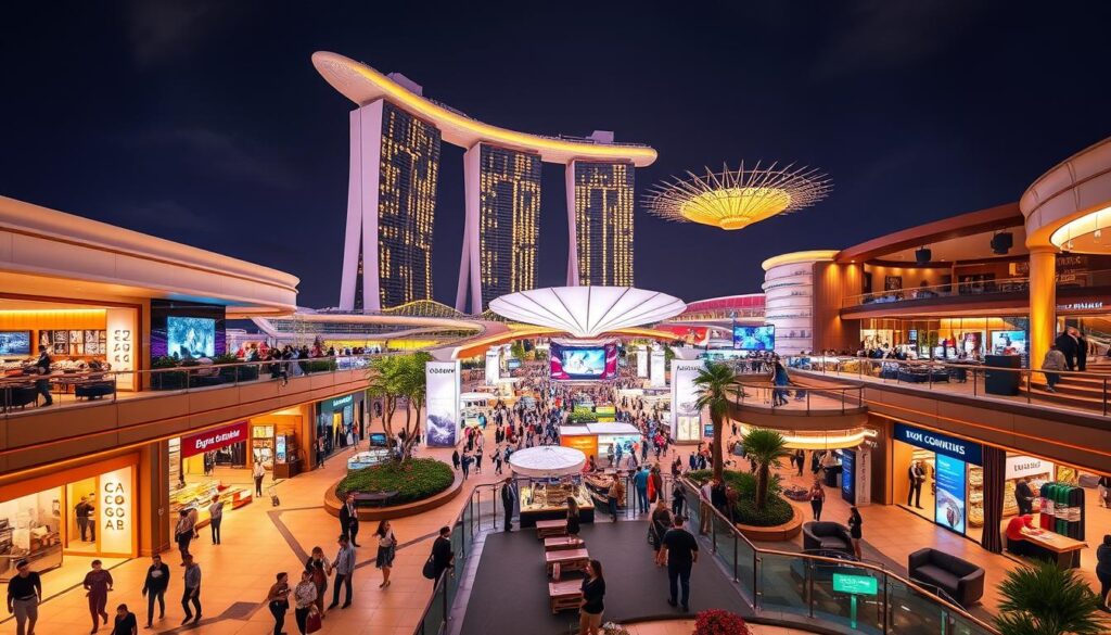 A vibrant, bustling scene of Marina Bay Sands in Singapore, showcasing its diverse non-gaming revenue streams. In the foreground, a high-end retail promenade with a mix of luxury boutiques and trendy lifestyle shops. Shoppers stroll along the elegant walkways, admiring the stunning architecture and skyline views. In the middle ground, a grand conference center hosts a lively MICE (Meetings, Incentives, Conferences, and Exhibitions) event, with attendees networking and exploring the state-of-the-art facilities. The backdrop features the iconic hotel towers and SkyPark, illuminated by warm, golden lighting that creates a sophisticated, upscale ambiance. The image captures the integrated resort's ability to generate significant revenue from non-gaming amenities, beyond its renowned casino operations.