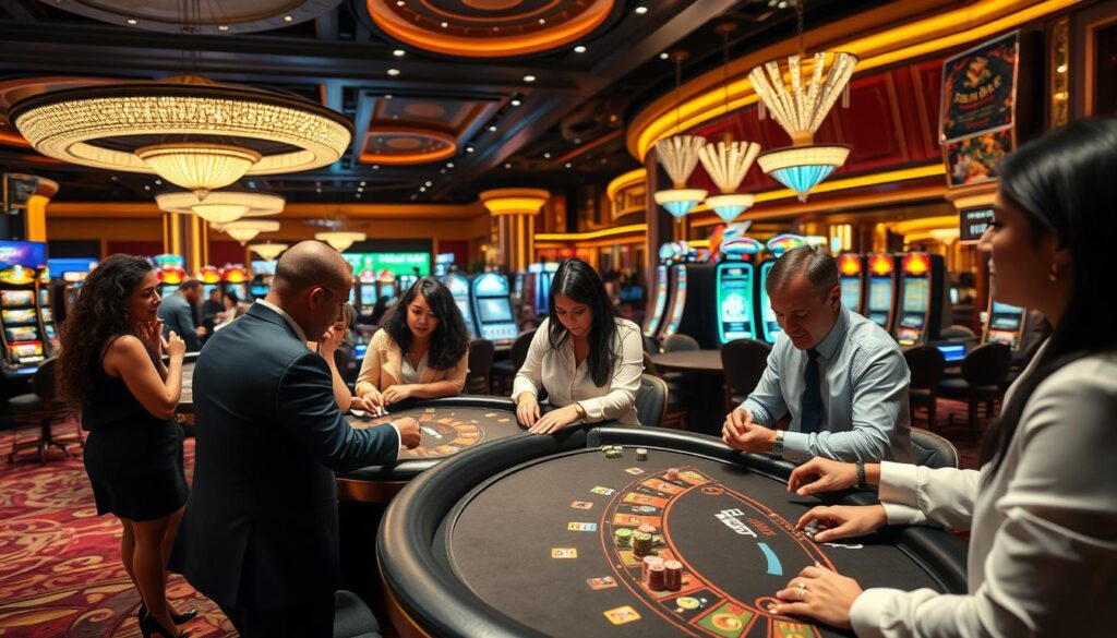 An upscale casino gaming floor, featuring a variety of elegant gaming tables such as blackjack and poker. In the foreground, a group of diverse, professionally dressed individuals, engaged in strategic discussions, studying gaming strategies with a focus on table dynamics. The middle ground showcases the glossy, well-lit tables with colorful chips and playing cards, surrounded by an ambiance of excitement and tension. Soft, ambient lighting casts flattering shadows, highlighting the intricate details of the casino decor. The background reveals stylishly designed slot machines and vibrant casino architecture. The atmosphere is lively yet sophisticated, capturing the essence of a premier gaming experience on the Strip.