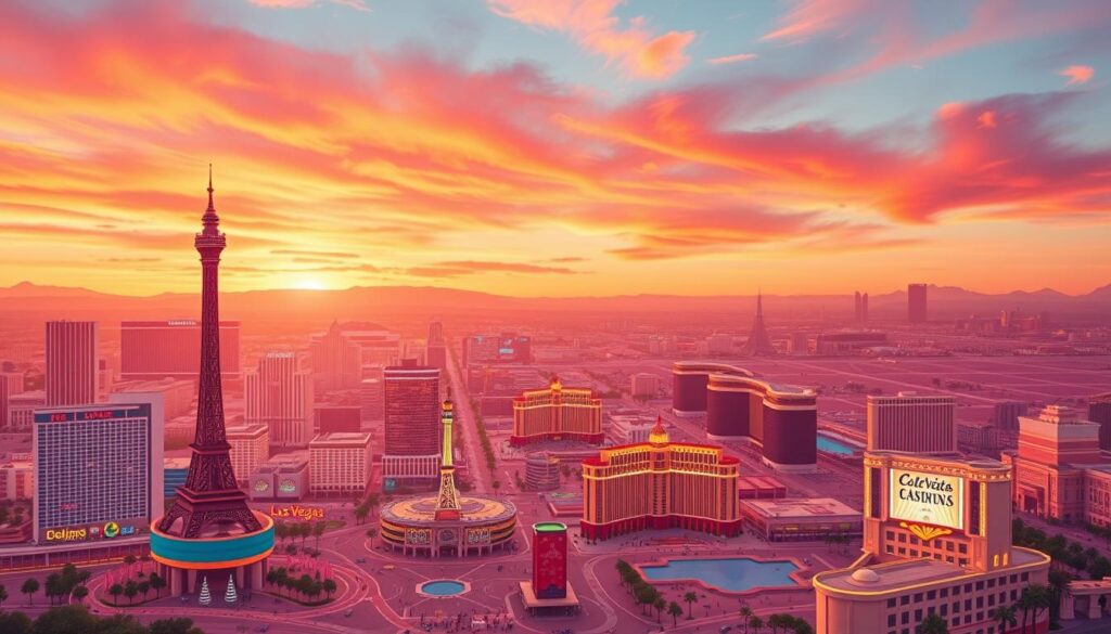 A detailed and colorful post-pandemic Las Vegas regional visitor map, focusing on key attractions, hotels, and gaming areas, prominently displaying the Las Vegas Strip. In the foreground, include illustrated icons representing major casinos, dining options, and entertainment venues, with bright colors to attract attention. In the middle ground, show the sprawling layout of the city with recognizable landmarks like the Eiffel Tower replica and the Bellagio fountains, connected by dotted lines indicating tourist pathways. The background features a vibrant sunset sky, with warm hues of orange and pink casting soft lighting over the map, creating a welcoming and optimistic atmosphere. The overall composition should convey a sense of excitement and renewal, reflecting the evolution in visitor demographics post-pandemic. A detailed and colorful post-pandemic Las Vegas regional visitor map, focusing on key attractions, hotels, and gaming areas, prominently displaying the Las Vegas Strip. In the foreground, include illustrated icons representing major casinos, dining options, and entertainment venues, with bright colors to attract attention. In the middle ground, show the sprawling layout of the city with recognizable landmarks like the Eiffel Tower replica and the Bellagio fountains, connected by dotted lines indicating tourist pathways. The background features a vibrant sunset sky, with warm hues of orange and pink casting soft lighting over the map, creating a welcoming and optimistic atmosphere. The overall composition should convey a sense of excitement and renewal, reflecting the evolution in visitor demographics post-pandemic.