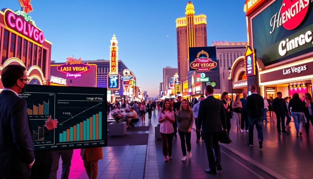 A vibrant post-pandemic Las Vegas scene illustrating length of stay trends, with a bustling Strip in the background. In the foreground, a diverse group of professionals in business attire engage with a digital display showcasing data analytics and graphs. The middle section features hotel lobbies filled with guests checking in, reflecting increased visitor activity and varied demographics. Neon lights illuminate the streets, casting colorful reflections on the pavement, while a clear evening sky adds a vibrant but calm atmosphere. The camera angle captures the energy of the Strip, highlighting both modernity and the recovering spirit of Las Vegas, creating an optimistic and dynamic environment that conveys growth and change in visitor profiles from 2020 to 2024. A vibrant post-pandemic Las Vegas scene illustrating length of stay trends, with a bustling Strip in the background. In the foreground, a diverse group of professionals in business attire engage with a digital display showcasing data analytics and graphs. The middle section features hotel lobbies filled with guests checking in, reflecting increased visitor activity and varied demographics. Neon lights illuminate the streets, casting colorful reflections on the pavement, while a clear evening sky adds a vibrant but calm atmosphere. The camera angle captures the energy of the Strip, highlighting both modernity and the recovering spirit of Las Vegas, creating an optimistic and dynamic environment that conveys growth and change in visitor profiles from 2020 to 2024.