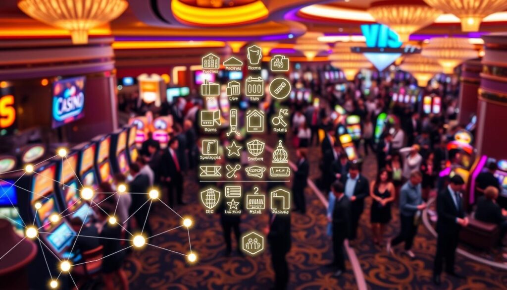 A visually striking representation of a data stack in a casino loyalty segmentation context. In the foreground, a dynamic identity graph showcases interconnected nodes representing customers and their behaviors. The middle layer features stylized icons for various casino elements like POS systems, rooms, sportsbooks, table games, slot machines, live shows, and retail spaces, all highlighted with soft neon lights to reflect the vibrant casino atmosphere. In the background, a bustling casino floor is visible, filled with diverse customers engaging in activities, all dressed in professional business attire. The scene is illuminated with bright, colorful lighting, creating an energetic and inviting mood. The angle is slightly elevated, providing a comprehensive view of the entire setting while maintaining a focus on the data stack. A visually striking representation of a data stack in a casino loyalty segmentation context. In the foreground, a dynamic identity graph showcases interconnected nodes representing customers and their behaviors. The middle layer features stylized icons for various casino elements like POS systems, rooms, sportsbooks, table games, slot machines, live shows, and retail spaces, all highlighted with soft neon lights to reflect the vibrant casino atmosphere. In the background, a bustling casino floor is visible, filled with diverse customers engaging in activities, all dressed in professional business attire. The scene is illuminated with bright, colorful lighting, creating an energetic and inviting mood. The angle is slightly elevated, providing a comprehensive view of the entire setting while maintaining a focus on the data stack.