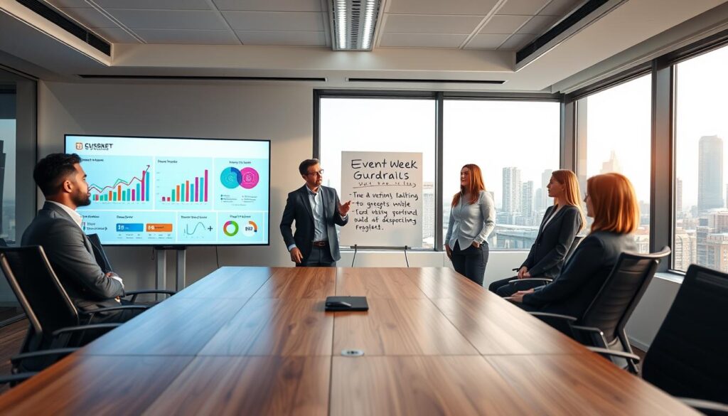 A modern office conference room, featuring a large rectangular wooden table surrounded by ergonomic chairs. In the foreground, an interactive digital screen displays vibrant graphs and charts, illuminated by soft, even overhead lighting. A diverse group of four professionals—two men and two women—are engaged in a discussion, all dressed in smart business attire. The middle ground showcases a whiteboard filled with strategic notes, highlighting key points about event week guardrails and ROI metrics. In the background, large windows let in natural light, revealing a city skyline that enhances the professional atmosphere. The mood is focused and collaborative, emphasizing teamwork and analytical thinking in marketing strategy.