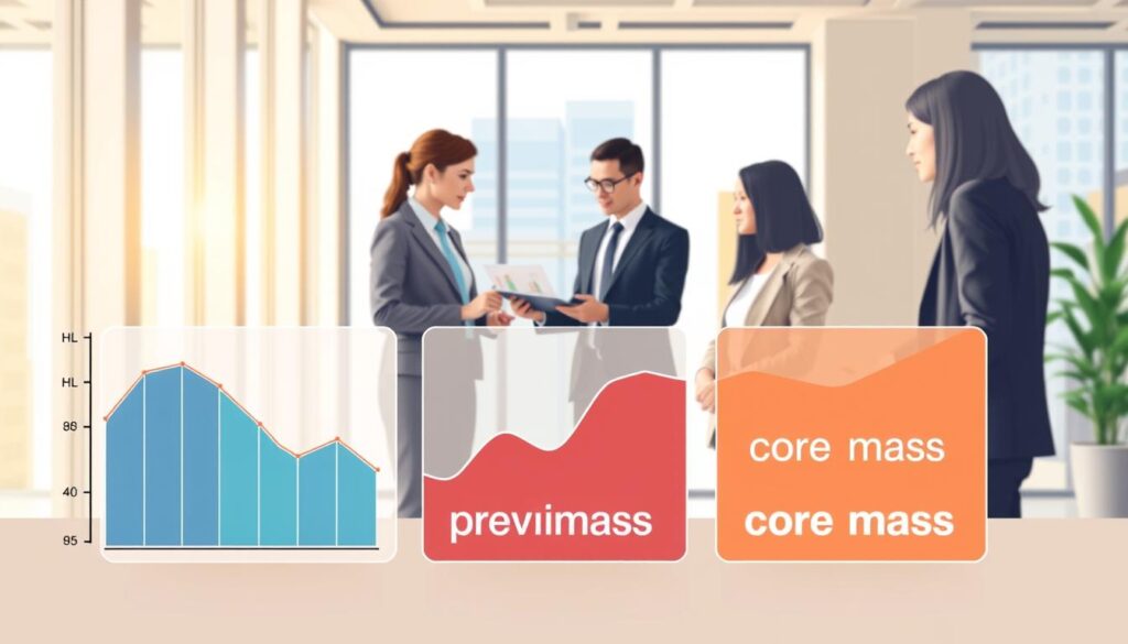 A visually engaging and informative illustration depicting a comparison of ADT tiers and ROI models. In the foreground, display three distinct graphs or charts representing "HL," "premium mass," and "core mass" tiers, each with unique colors and styles for easy differentiation. In the middle ground, include a professional setting with businesspeople in smart attire discussing the data, analyzing charts on a digital tablet. The background should feature a modern office environment with large windows allowing natural light to fill the space, reflecting a productive atmosphere. Use a slightly elevated angle to provide a comprehensive view of the scene, aiming for a bright and optimistic mood to inspire effective marketing strategies.