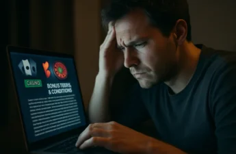 Bonus Transparency shown through a user reviewing casino offer terms on a laptop