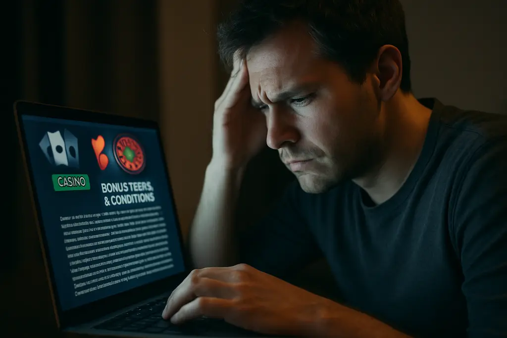 Bonus Transparency shown through a user reviewing casino offer terms on a laptop