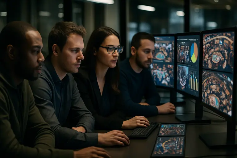 Compliance analyst reviewing account restrictions and marketing lists on monitors
