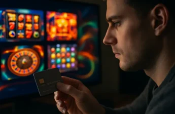 Credit card gambling policy review with a laptop, payment card, and notes on a desk