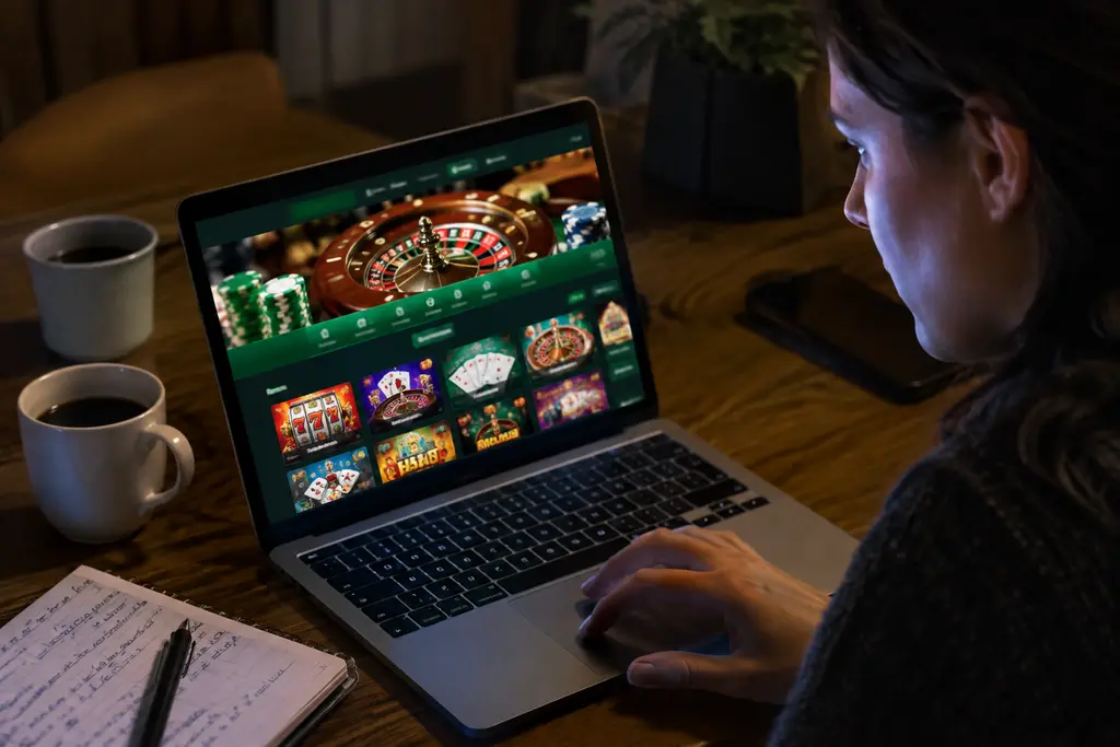Maine online casino rulemaking papers beside a laptop and state map