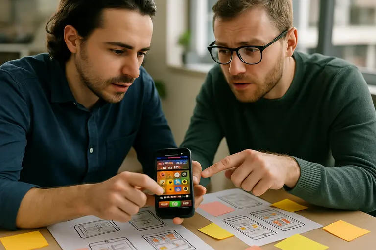 Product team reviewing mobile usability test results on laptops and phones